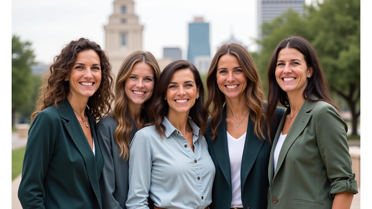 Diverse team of LuminaraVerdiant Bloom wellness experts smiling outdoors in front of Texas Capitol building, symbolizing local expertise and community connection.