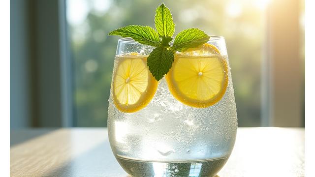 Refreshing glass of water with lemon and mint, on a sunlit table