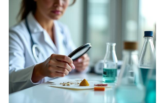 A wellness expert examining product ingredients with a magnifying glass in a bright, modern lab setting